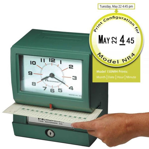 Acroprint Model 150 Heavy-Duty Time Recorder, Automatic Operation, Month/Date/1-12 Hours/Minutes, Green