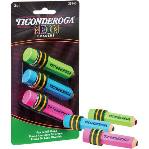 Ticonderoga Style Eraser Neon Assorted - Assorted - Pencil - 3 Each - Latex-free, Non-toxic, Smudge-free