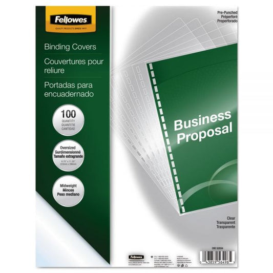 Fellowes Crystals Transparent Presentation Covers for Binding Systems, Clear, with Round Corners, 11.25 x 8.75, Punched, 100/Pack