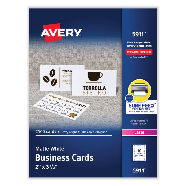 Avery Printable Microperforated Business Cards w/Sure Feed Technology, Laser, 2 x 3.5, White, 2,500 Cards, 10/Sheet, 250 Sheets/Box