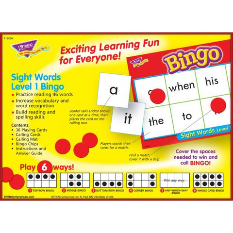 Sight Words Level 1 Bingo Game 36 Cards - 264 Chips - Caller's Mat & Cards - Recommended Age 5+