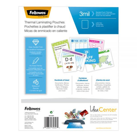 Fellowes Thermal Laminating Pouches, Letter Size, 3 Mil, 9" x 11-1/2", Ultra-Clear, Pack of 250 Pouches